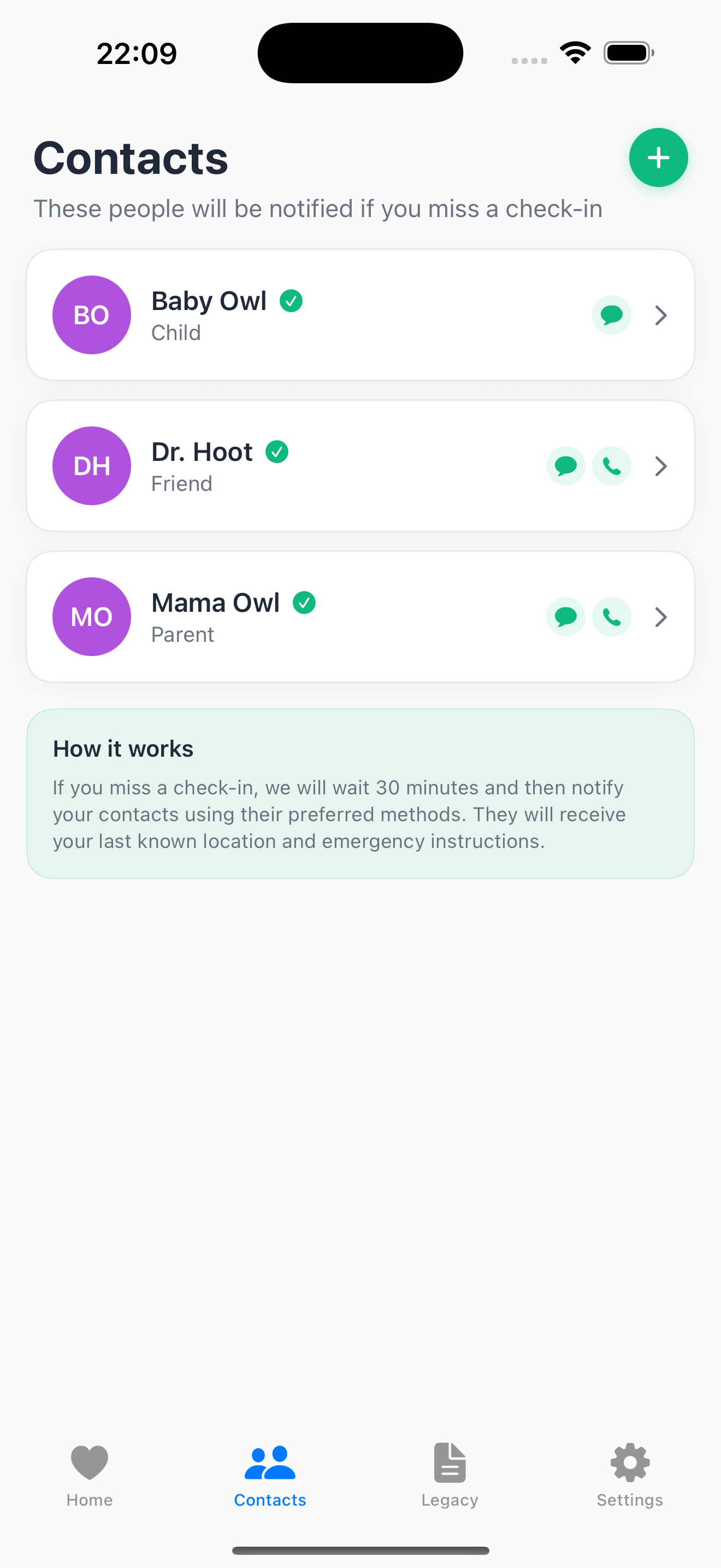 PingOwl contacts screen showing emergency contacts with verification badges
