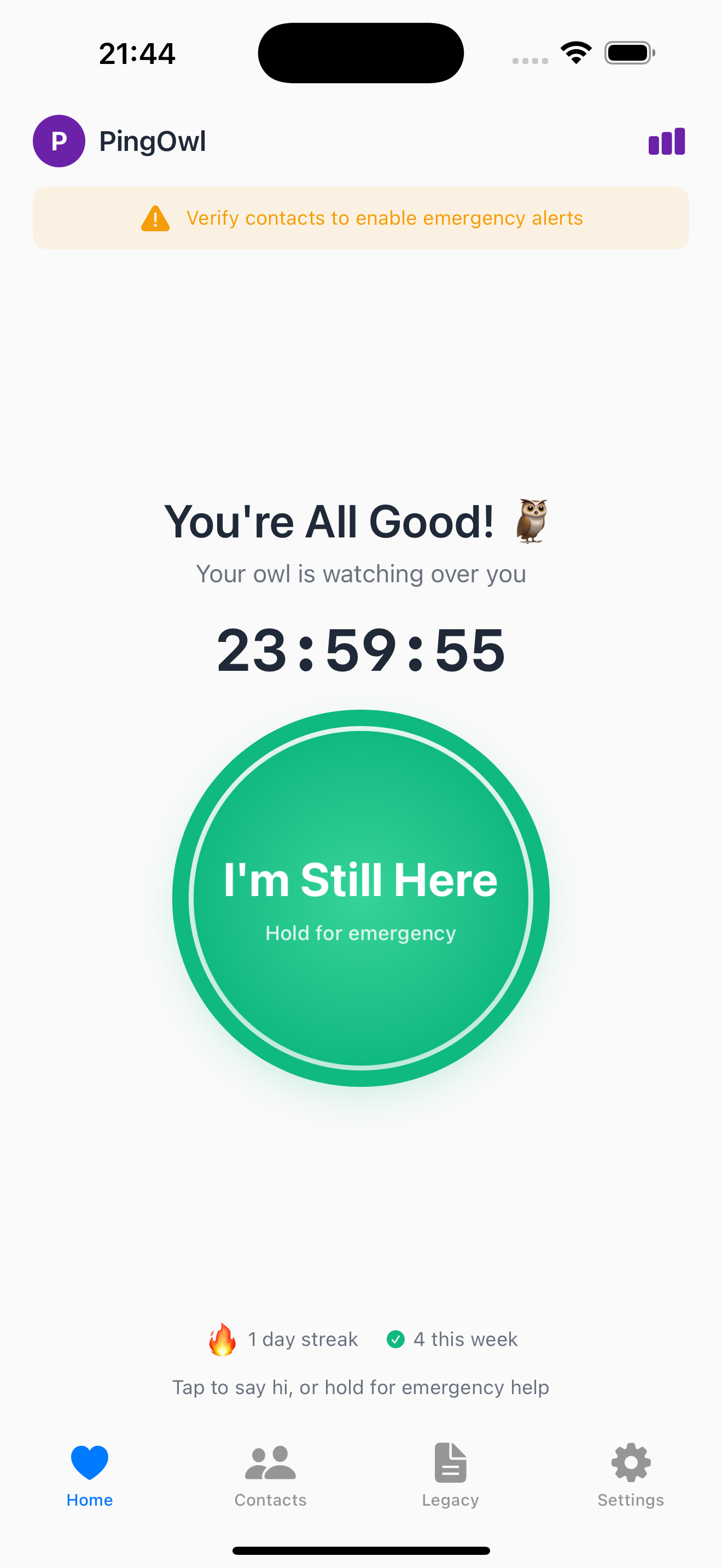 PingOwl app showing the check-in screen with a countdown timer and the green I'm Still Here button