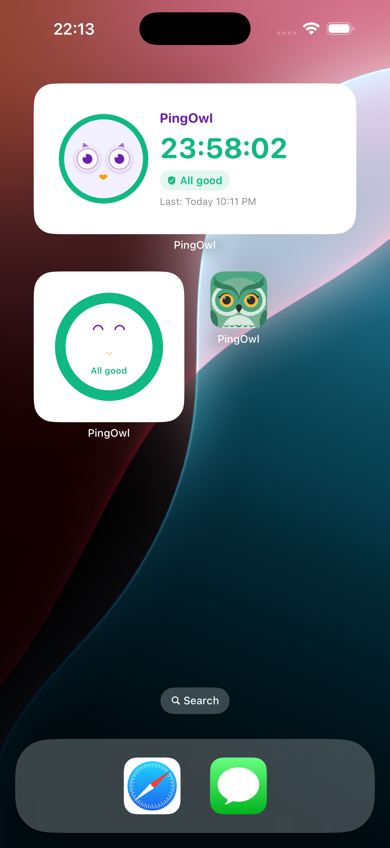 PingOwl widget on iPhone home screen showing countdown timer and All good status